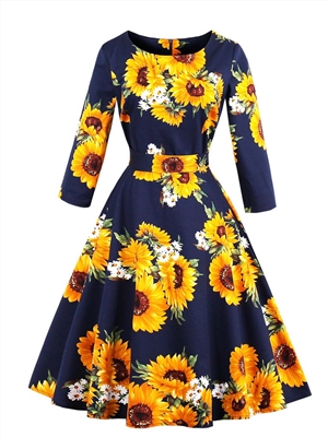 Women's 3/4 Sleeve Sunflower Print Retro Dress