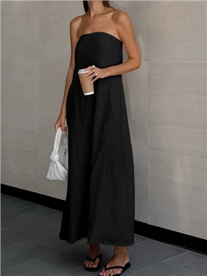 Cotton and linen strapless dress, women's vacation casual ramie A-line skirt, women's clothing