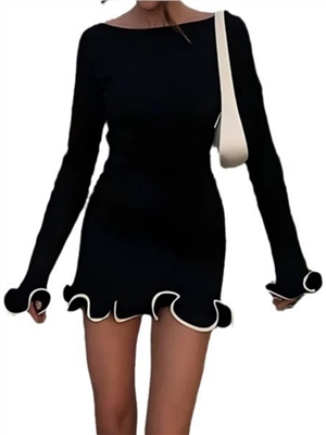 Cross border Amazon autumn and winter new European and American women's clothing temperament solid color round neck long sleeved slim fit ruffle edge dress for women