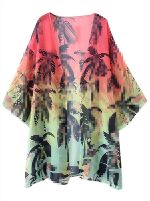Women's blouse beach sun shirt leaf print chiffon top cardigan
