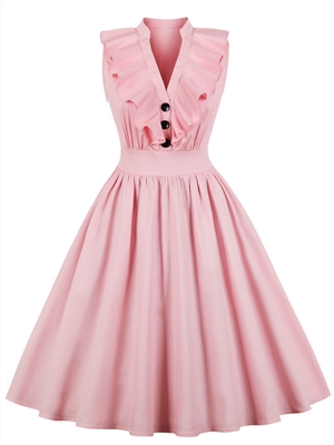 Women's solid color ruffled shirt retro big swing dress