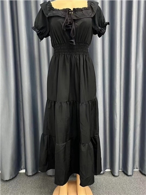 New fashionable solid color lotus lace up leaf edge strapless bubble sleeve large swing dress