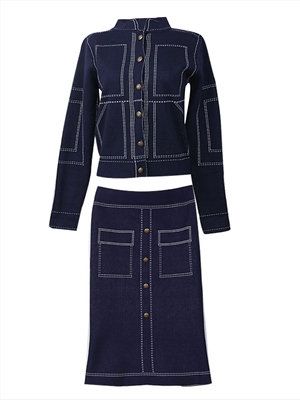 Knitted Top and Skirt Set with Slim Fit and Contrast Stitching Line