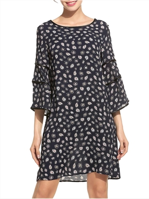 Spring and summer new women's floral round neck sleeve A-line chiffon dress