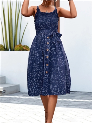 Buckled polka dot camisole jumpsuit, mid length skirt, spring and summer hot item