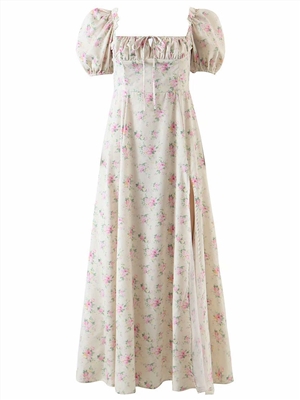 French palace style floral dress square neck tie high waist split long skirt women wholesale