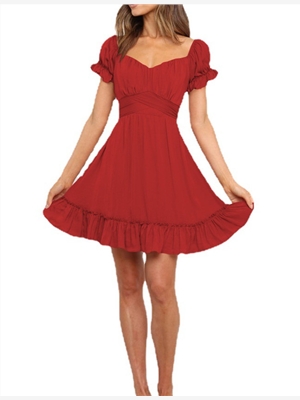 Straight neck Ruffle short sleeve dress square neck