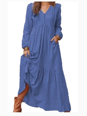 Women's buttoned cotton and linen retro casual long-sleeved dress with big sweep