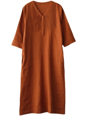 Loose solid cotton linen V-neck dress