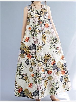 Large loose printed cotton linen round neck sleeveless dress