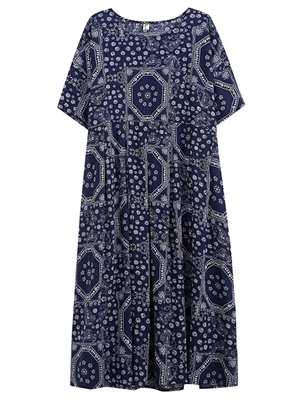 Large loose cotton linen print short sleeved dress