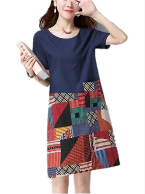 Loose cotton linen round neck short sleeved dress