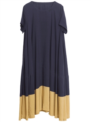 Loose solid cotton linen round neck short sleeved dress