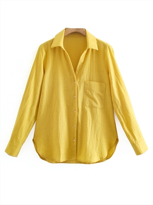 New simple style lapel single pocket linen shirt women