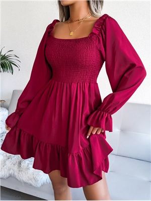 Autumn winter square neck flare Long Sleeve Ruffle Dress