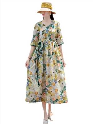 Cotton linen printed short sleeved waist length Dress