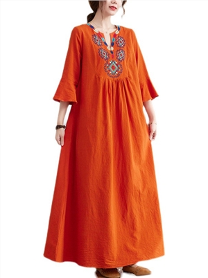 Loose Embroidery Floral Cotton Linen V-neck seven sleeve dress