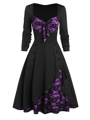 Retro lace stitched button long sleeve dress