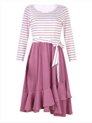 Spring and Summer Striped long sleeves casual irregular ruffles dress women