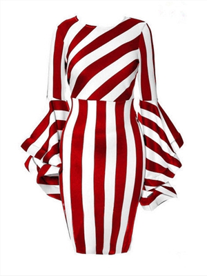 Women's vertical diagonal stripes stitching ruffled sleeves plus size dress