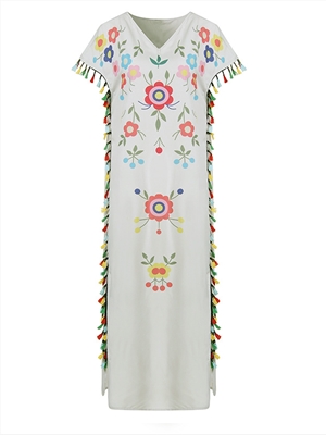 Bohemian dress with colored tassels on both sides print dress