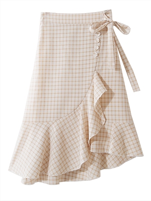 Lace-up plaid high waist slimming ruffled irregular mid-length skirt