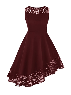 Four color lace stitched sleeveless irregular dress