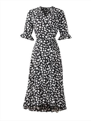 V-neck wrap and lace holiday mid-length tea break dress French dress beach dress