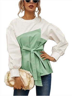 Spring and summer new round neck solid color stitching loose loose European and American hedging lantern sleeve shirt with belt