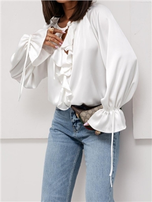 Autumn versatile ruffled flared sleeves V-neck lace up women's shirt