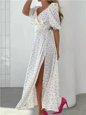 Fashionable printed single-sided slit waist cinched V-neck dress
