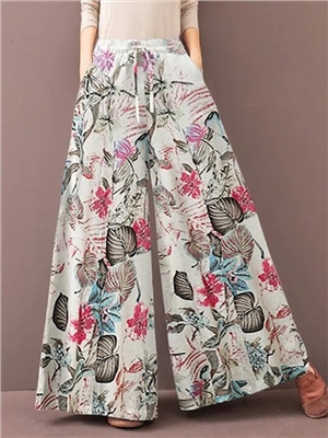 Printed long pants with elastic waist, casual floral women's wide leg pants