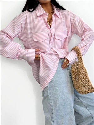 Spring and summer long sleeved striped loose shirt striped double pocket top
