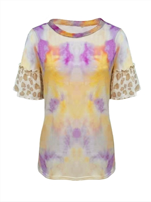 Women's tie-dye stitching leopard print short-sleeved top T-shirt