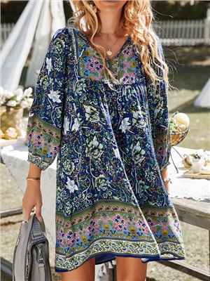 Leisure vacation style dress with summer print V-neck women's clothing