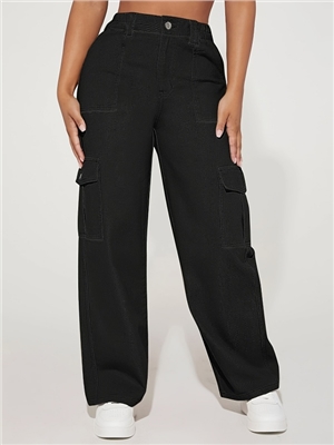 New casual solid color high waisted work pants for women, multi pocket straight leg pants