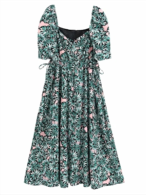Bohemian holiday print waist cut out large swing bubble sleeve dress