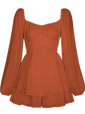 Jumpsuit solid color fashion autumn dress square neck lantern Long Sleeve Ruffle shorts casual