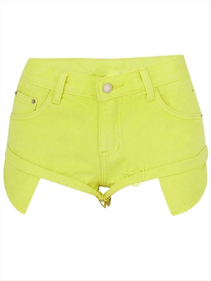 Sexy denim shorts, fluorescent yellow, holiday loose, non-elastic curling, open pockets beach hot pants