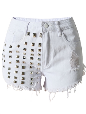 Women's denim high waist hot pants with ripped rivets