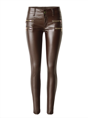 Brown low-rise stretch-leg pants with double zipper PU coating imitation leather pants