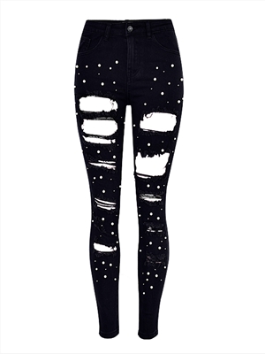 High-waist slim-fitting elastic irregular two-color studded pearl denim pants with washed holes and large size