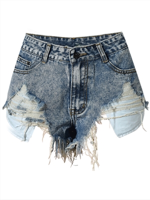 Women's Fitted High Waist Frayed Irregular Leaky Pocket Tassel Snowflake Nostalgic Denim Shorts