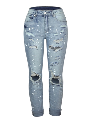 Women's stretch washable hole straight street style denim trousers