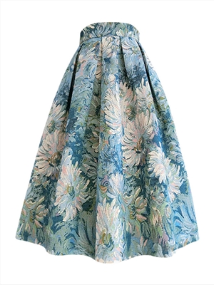 Ink painting style oil painting puff skirt blue embroidered stiff skirt