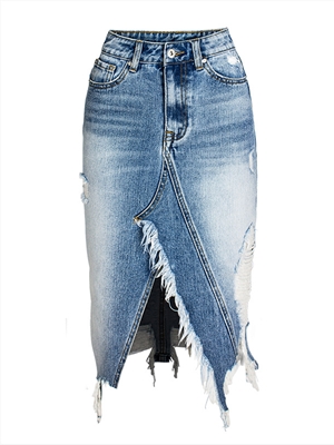 Denim skirt with irregular Tassels and holes