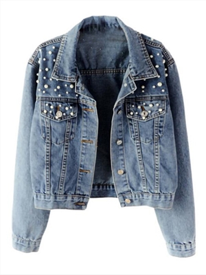 Female Beaded Pearl Loose Short Denim Jacket