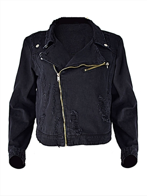 women's slim black short handsome motorcycle jacket denim jacket