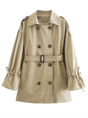Drawstring Cuff Belted Trench Khaki Coat