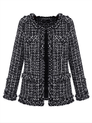 Black and white plaid tweed plus size women's jacket
